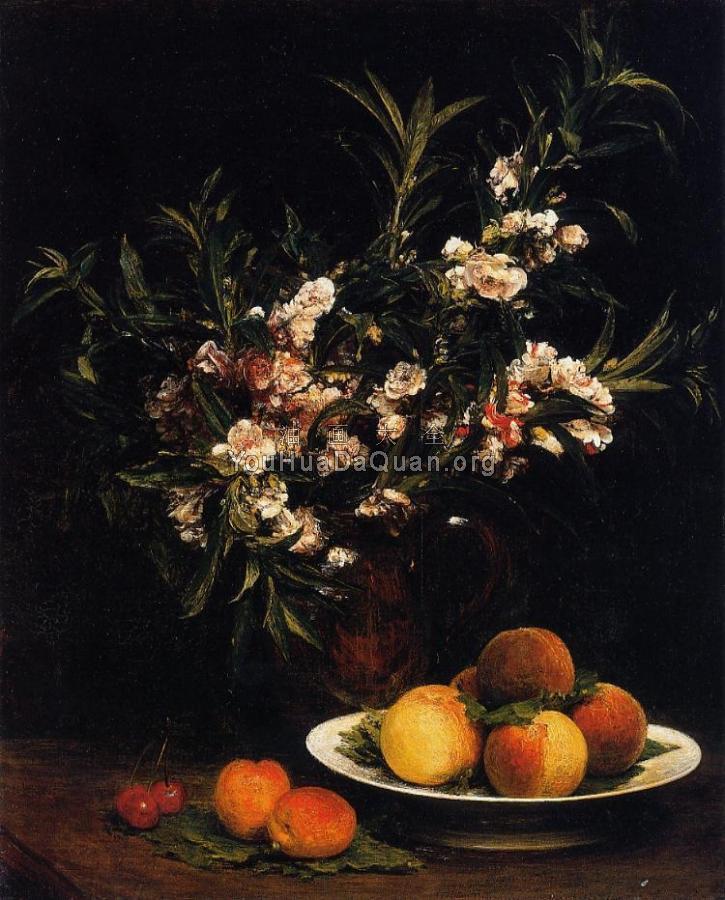 Still Life Balsimines, Peaches and Apricots - 亨利·方丹·拉图尔